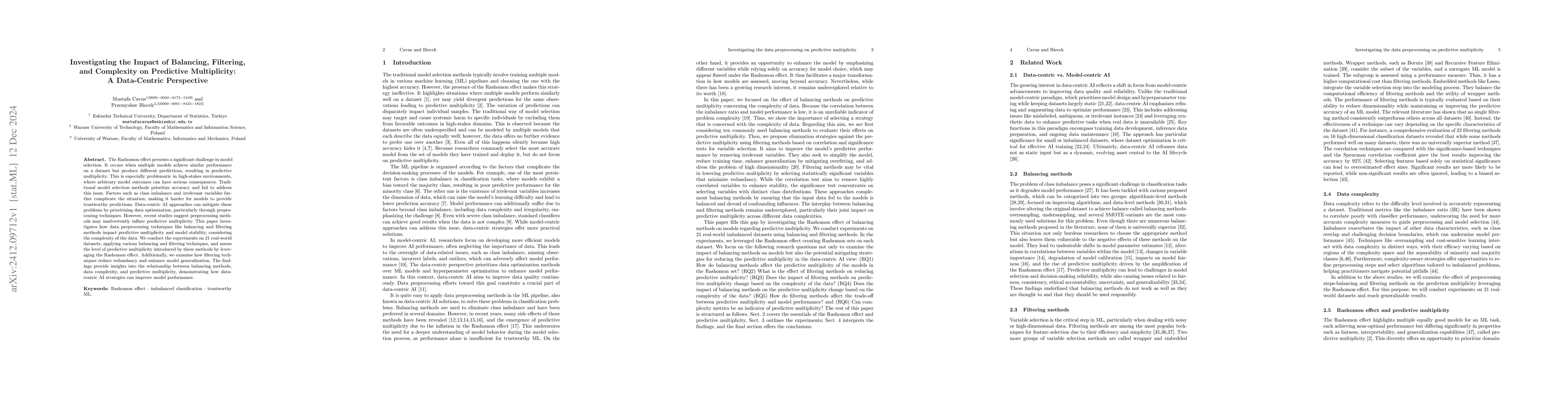 Thumbnail for Investigating the Impact of Balancing, Filtering, and Complexity on
  Predictive Multiplicity: A Data-Centric Perspective