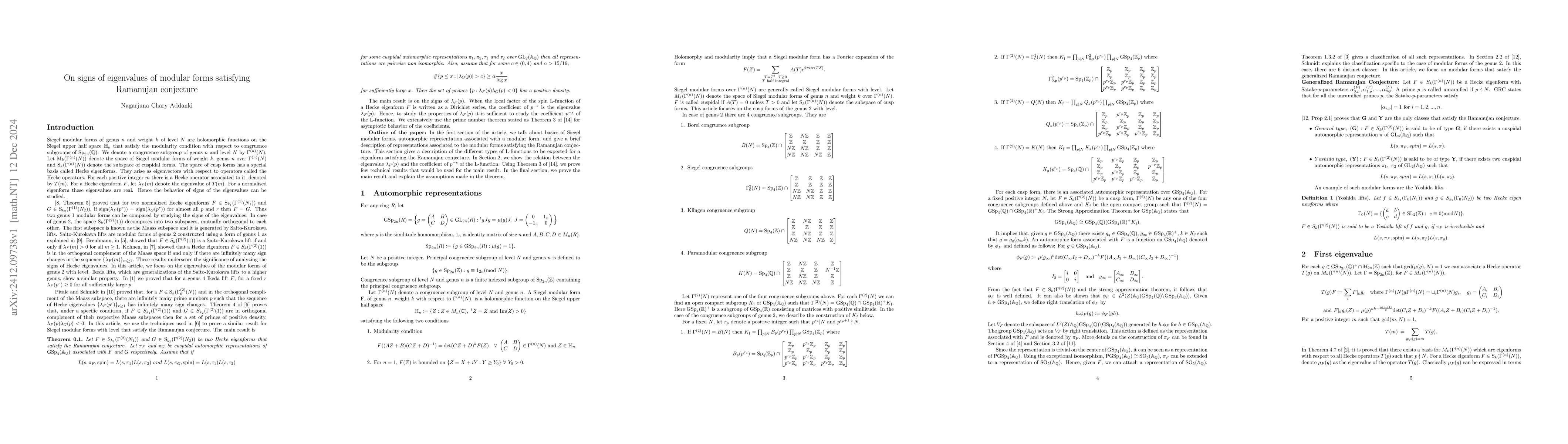 Thumbnail for On Signs of eigenvalues of Modular forms satisfying Ramanujan Conjecture