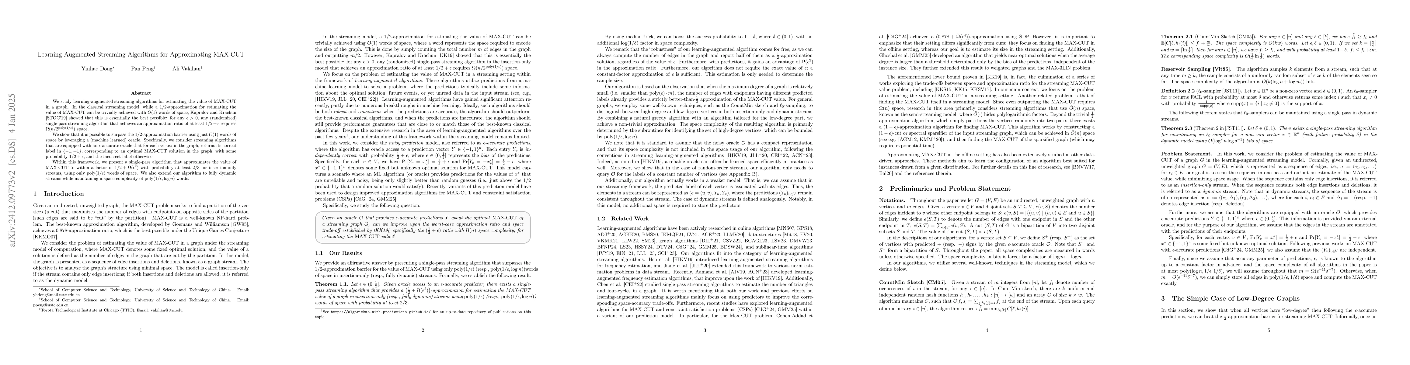 Thumbnail for Learning-Augmented Streaming Algorithms for Approximating MAX-CUT