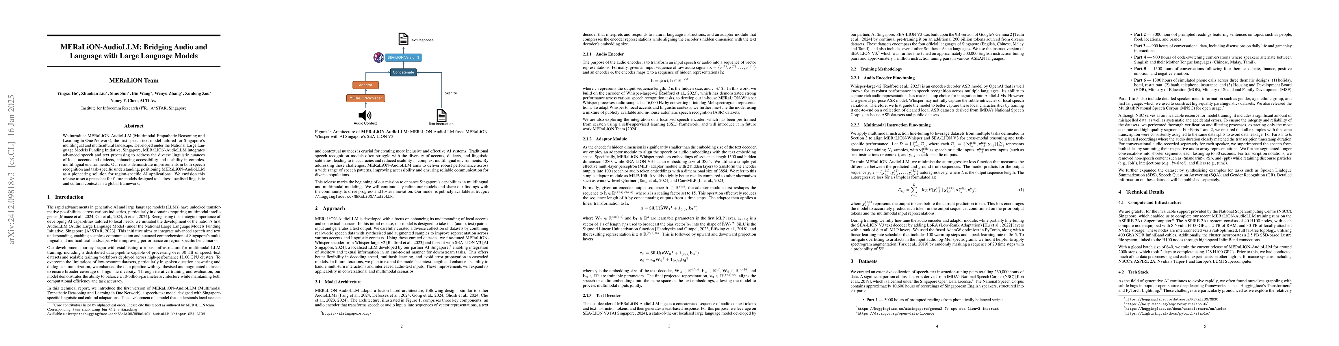 Thumbnail for MERaLiON-AudioLLM: Bridging Audio and Language with Large Language
  Models