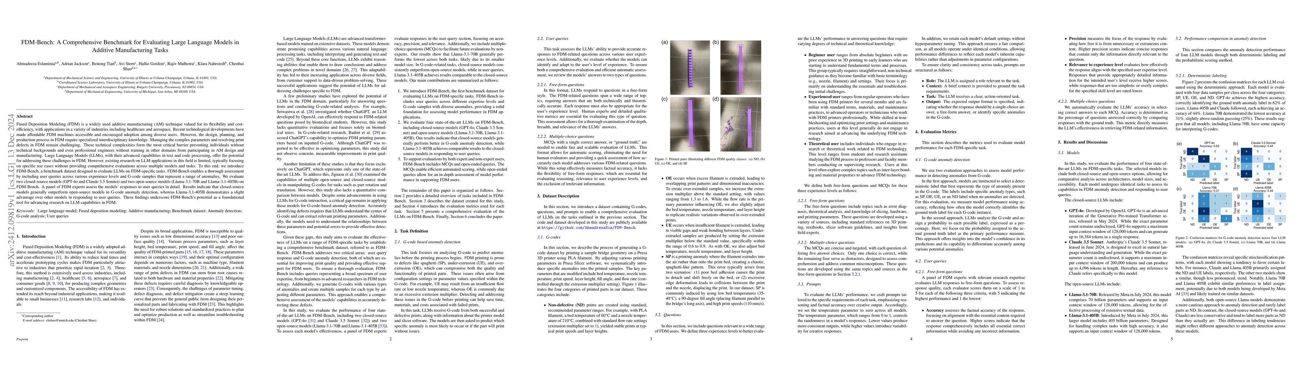 Thumbnail for FDM-Bench: A Comprehensive Benchmark for Evaluating Large Language
  Models in Additive Manufacturing Tasks