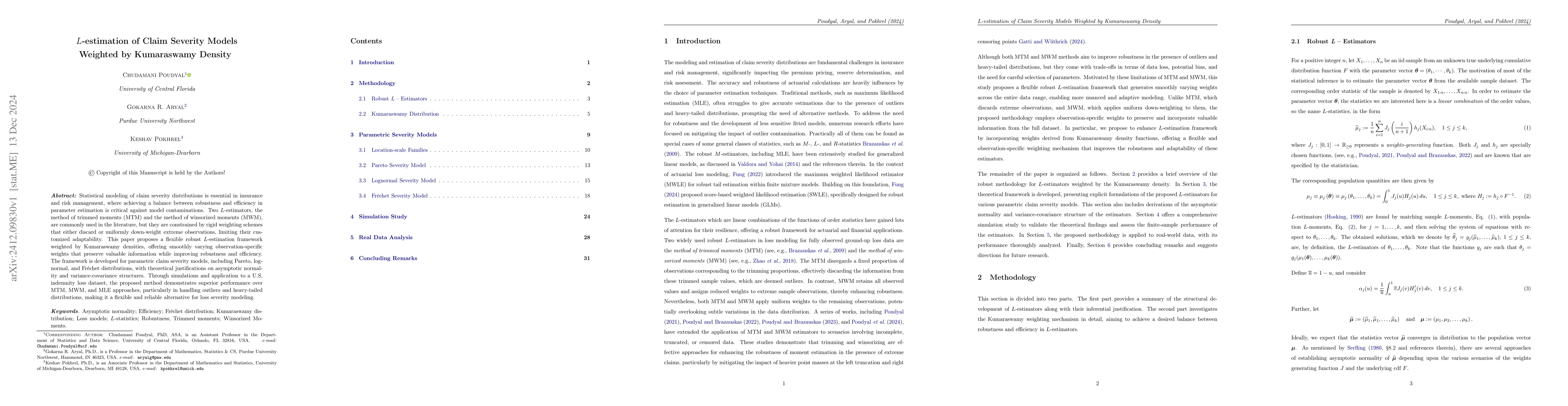 Thumbnail for $L$-estimation of Claim Severity Models Weighted by Kumaraswamy Density