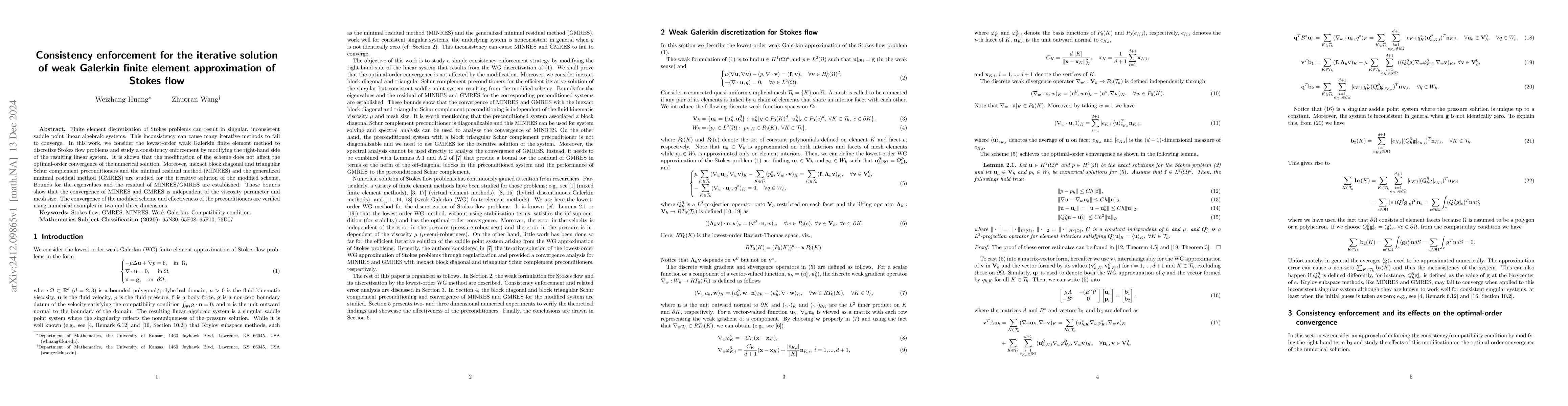 Thumbnail for Consistency enforcement for the iterative solution of weak Galerkin
  finite element approximation of Stokes flow