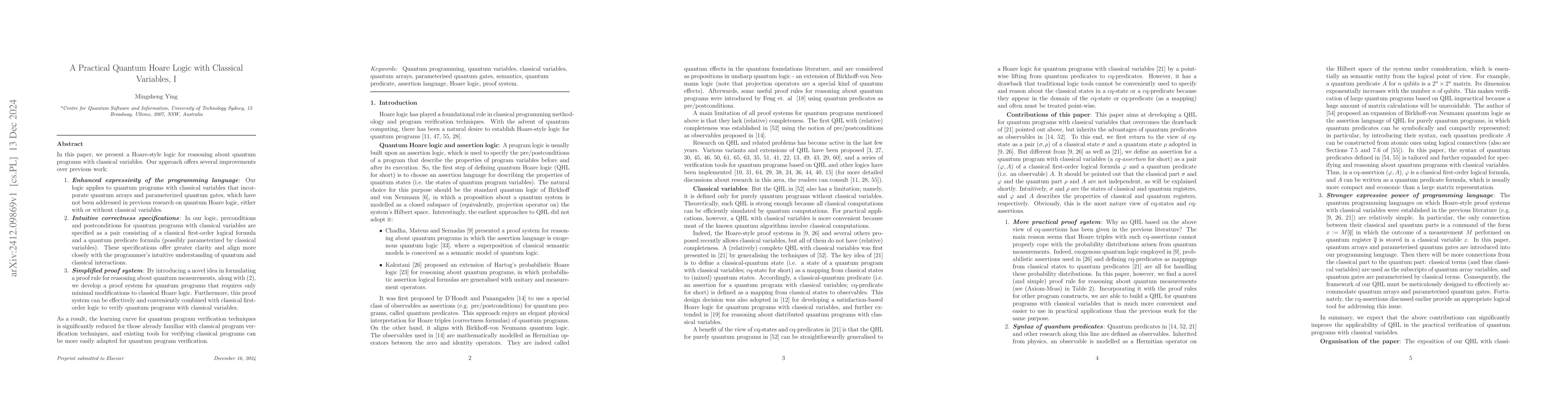 Thumbnail for A Practical Quantum Hoare Logic with Classical Variables, I