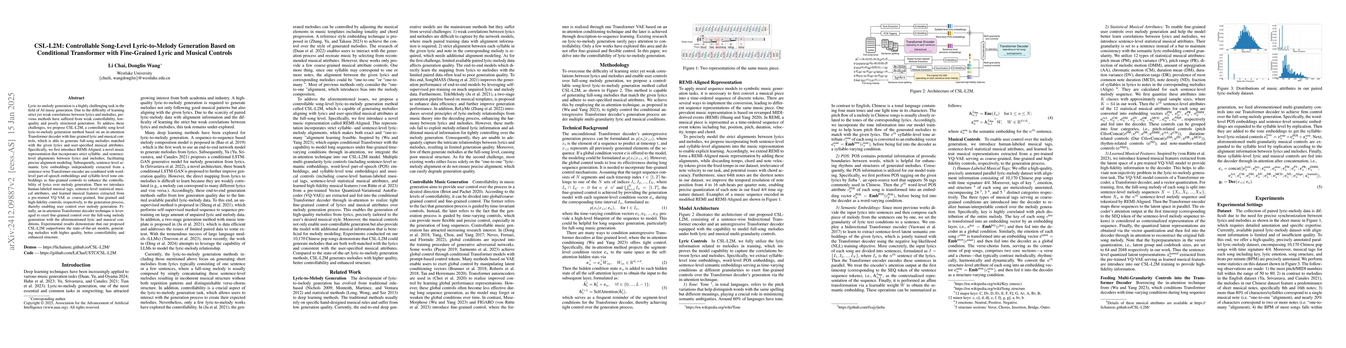 Thumbnail for CSL-L2M: Controllable Song-Level Lyric-to-Melody Generation Based on
  Conditional Transformer with Fine-Grained Lyric and Musical Controls