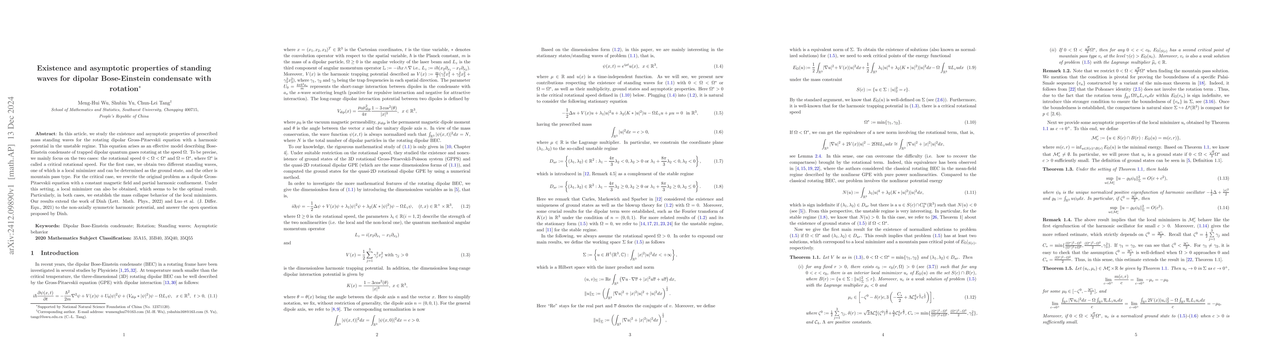 Thumbnail for Existence and asymptotic properties of standing waves for dipolar
  Bose-Einstein condensate with rotation
