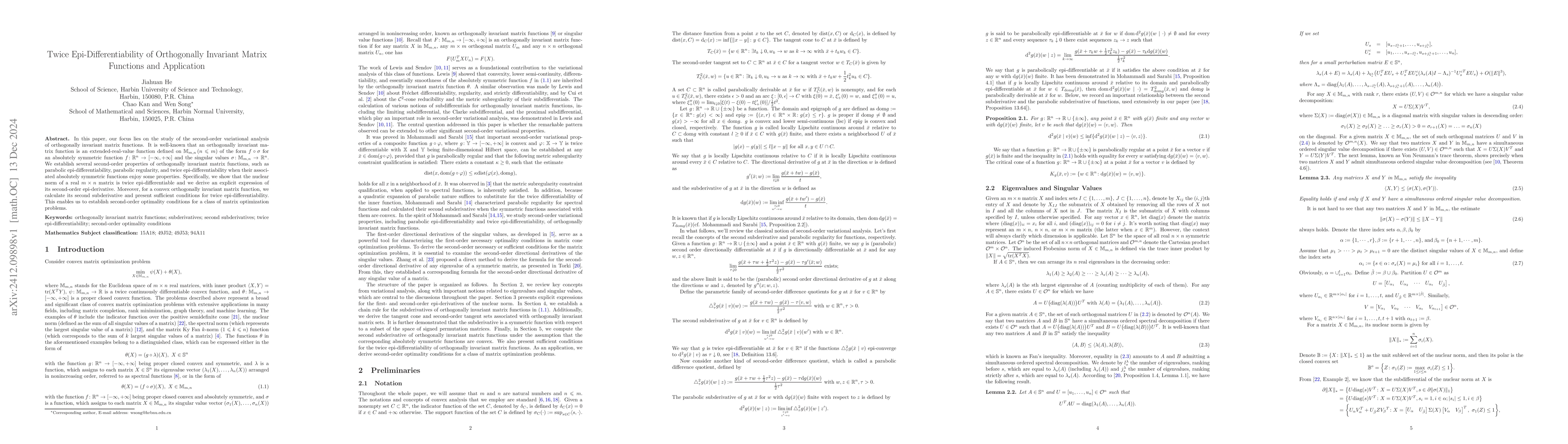 Thumbnail for Twice Epi-Differentiability of Orthogonally Invariant Matrix Functions
  and Application