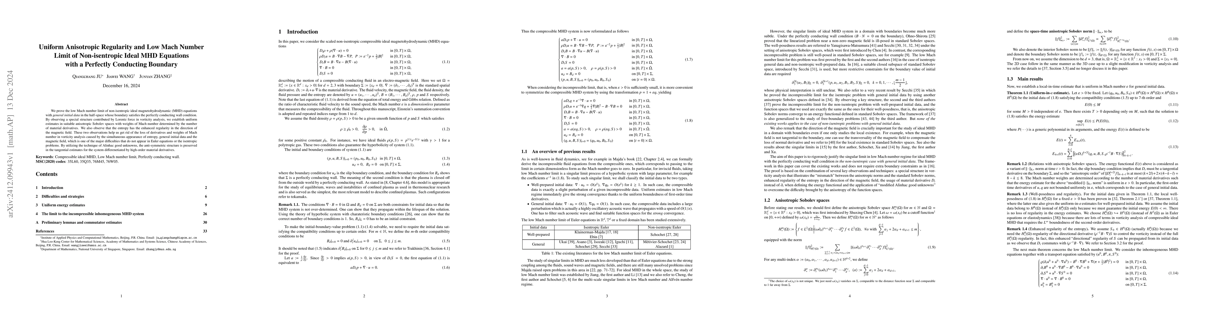 Thumbnail for Uniform Anisotropic Regularity and Low Mach Number Limit of
  Non-isentropic Ideal MHD Equations with a Perfectly Conducting Boundary