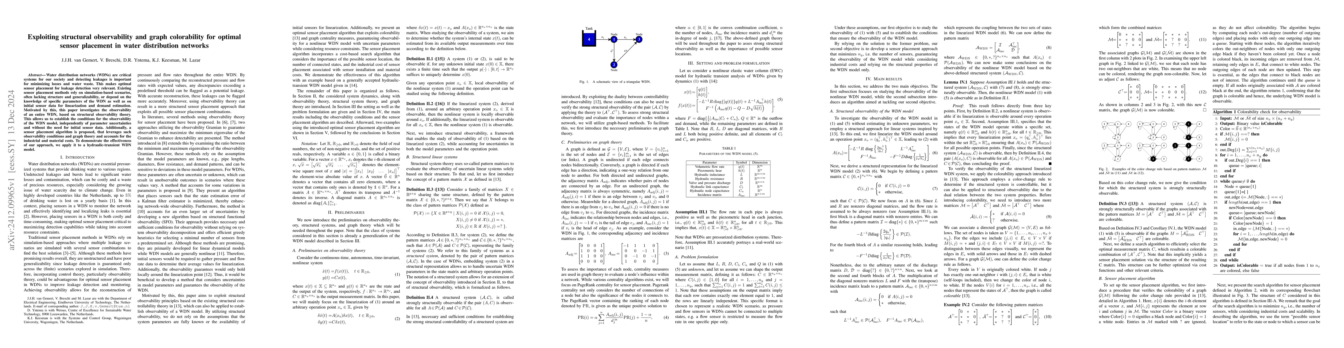 Thumbnail for Exploiting structural observability and graph colorability for optimal
  sensor placement in water distribution networks