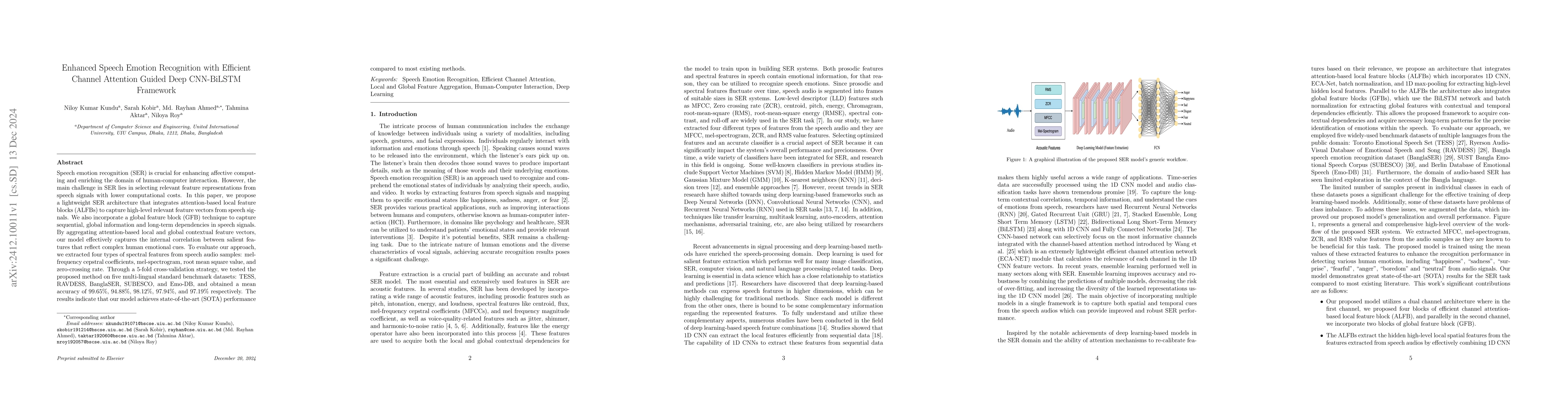 Thumbnail for Enhanced Speech Emotion Recognition with Efficient Channel Attention
  Guided Deep CNN-BiLSTM Framework