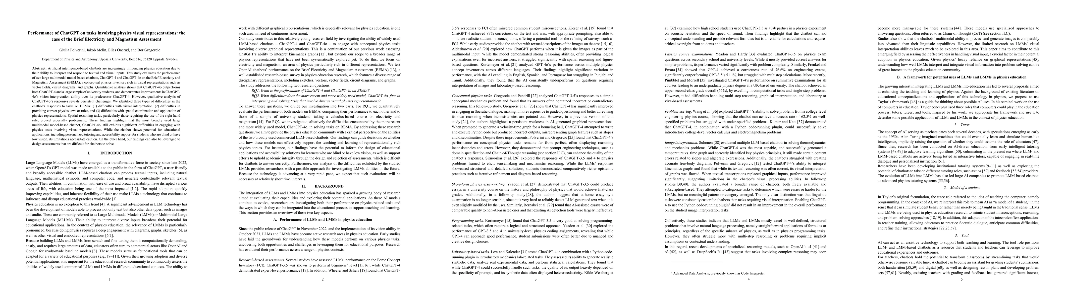 Thumbnail for Performance of ChatGPT on tasks involving physics visual
  representations: the case of the Brief Electricity and Magnetism Assessment