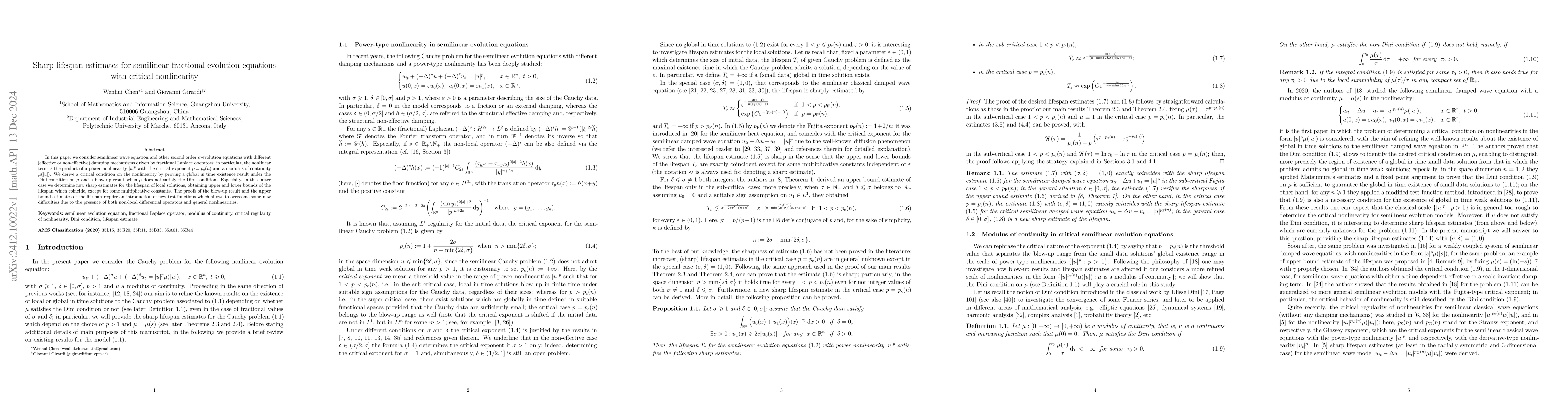 Thumbnail for Sharp lifespan estimates for semilinear fractional evolution equations
  with critical nonlinearity