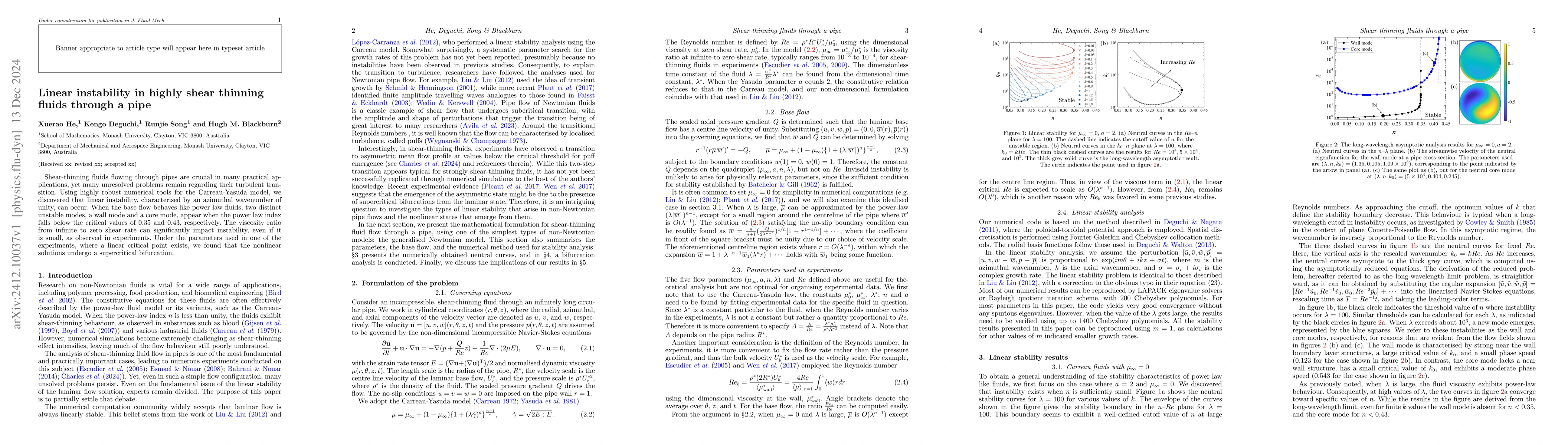 Thumbnail for Linear instability in highly shear thinning fluids through a pipe