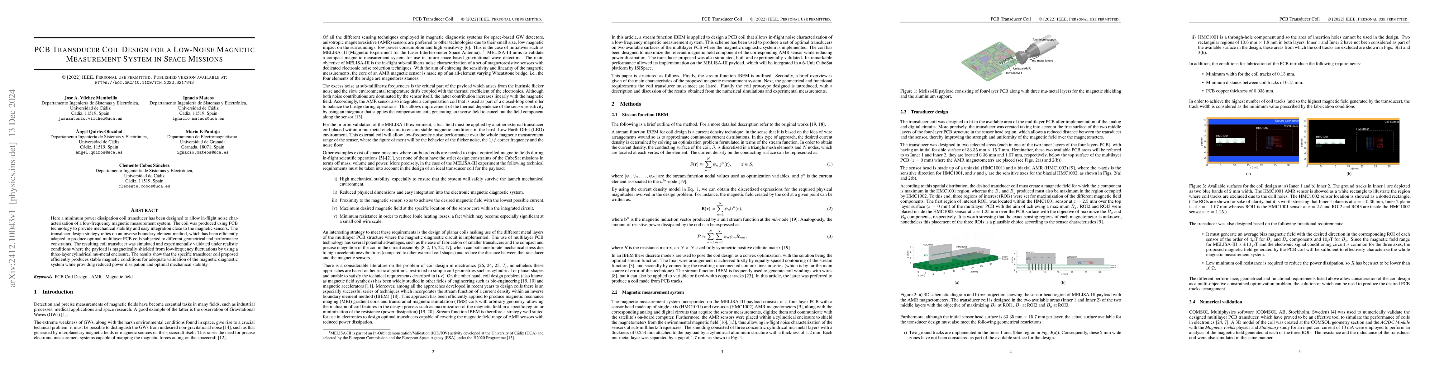 Thumbnail for PCB Transducer Coil Design for a Low-Noise Magnetic Measurement System
  in Space Missions