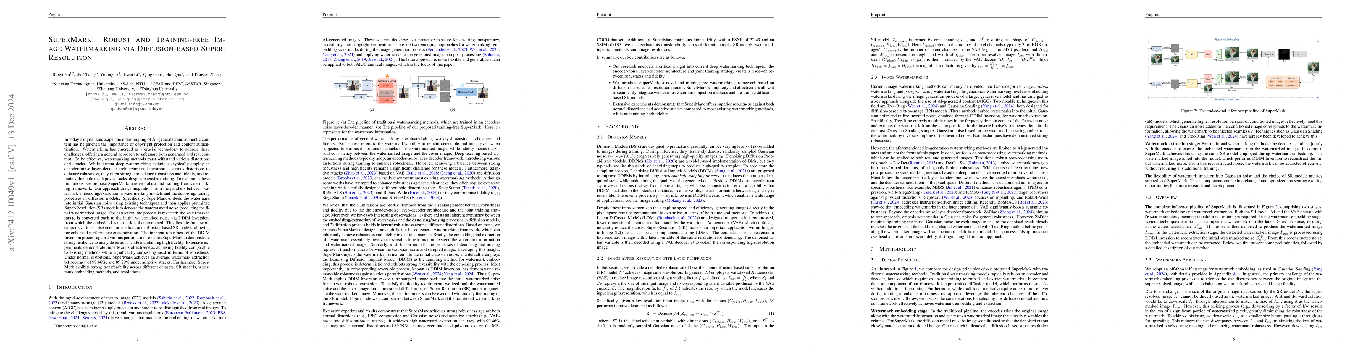 Thumbnail for SuperMark: Robust and Training-free Image Watermarking via
  Diffusion-based Super-Resolution