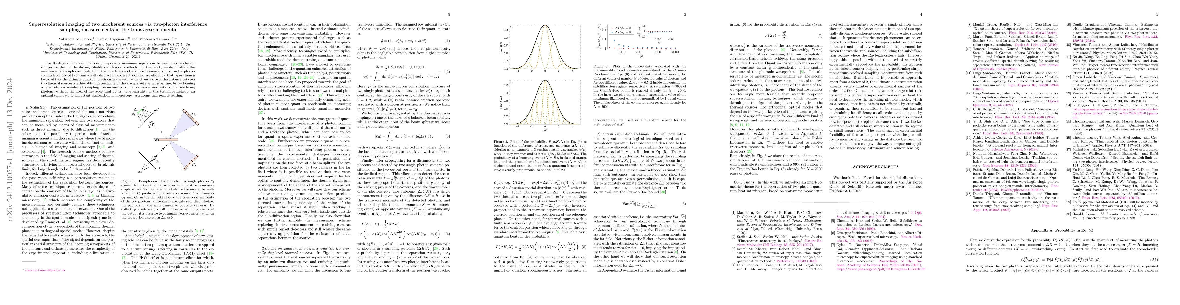 Thumbnail for Superresolution imaging of two incoherent sources via two-photon
  interference sampling measurements in the transverse momenta