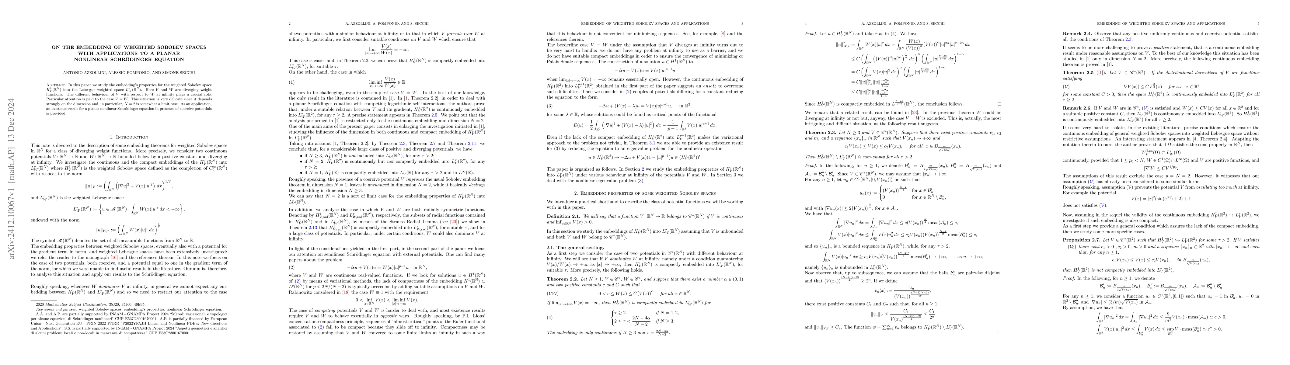 Thumbnail for On the embedding of weighted Sobolev spaces with applications to a
  planar nonlinear Schrödinger equation