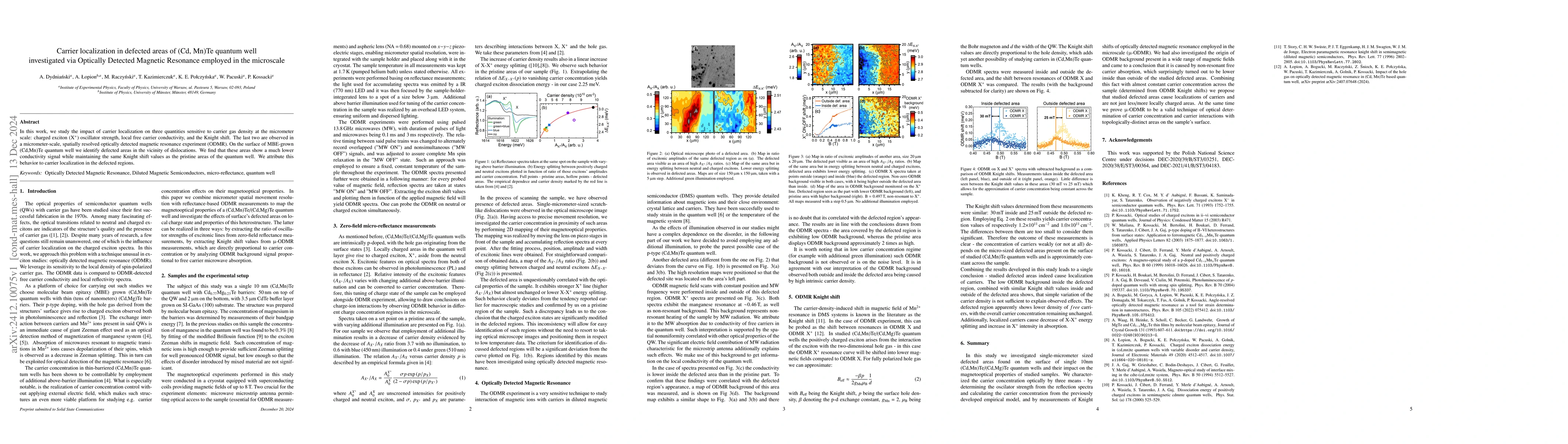 Thumbnail for Carrier localization in defected areas of (Cd, Mn)Te quantum well
  investigated via Optically Detected Magnetic Resonance employed in the
  microscale