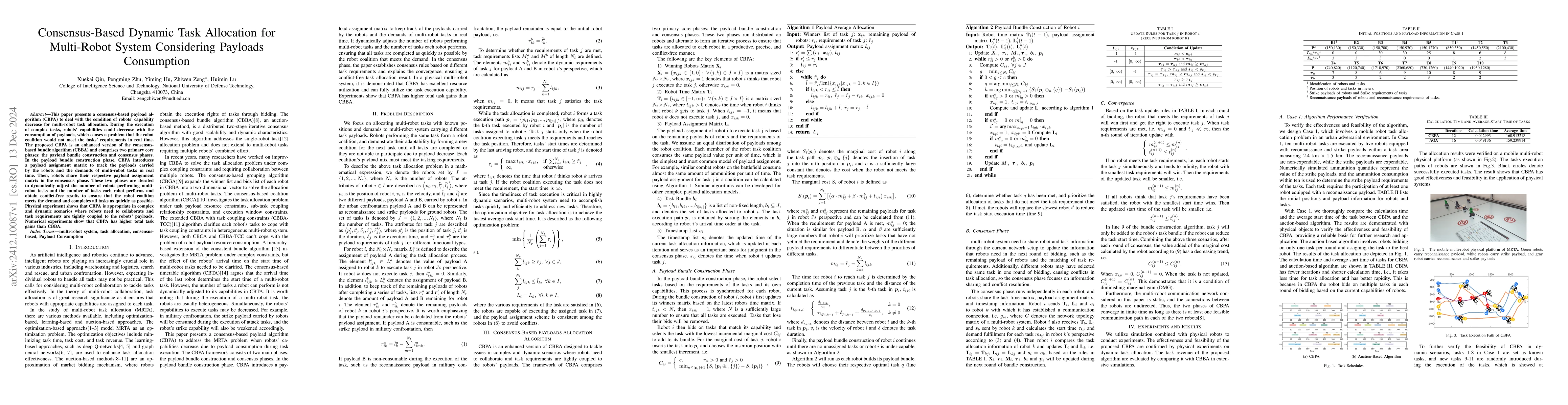 Thumbnail for Consensus-Based Dynamic Task Allocation for Multi-Robot System
  Considering Payloads Consumption