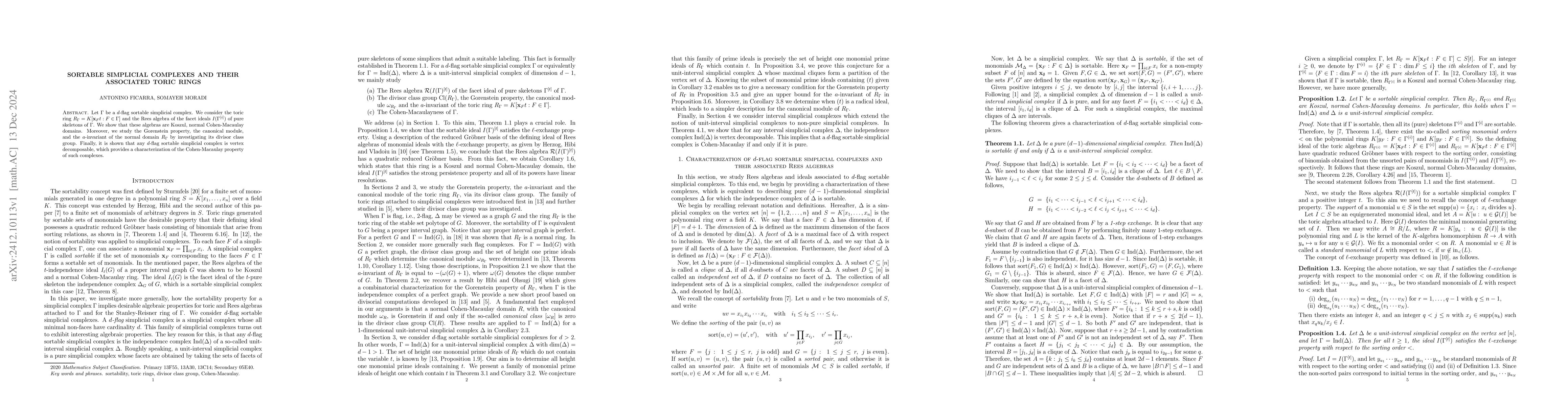Thumbnail for Sortable simplicial complexes and their associated toric rings