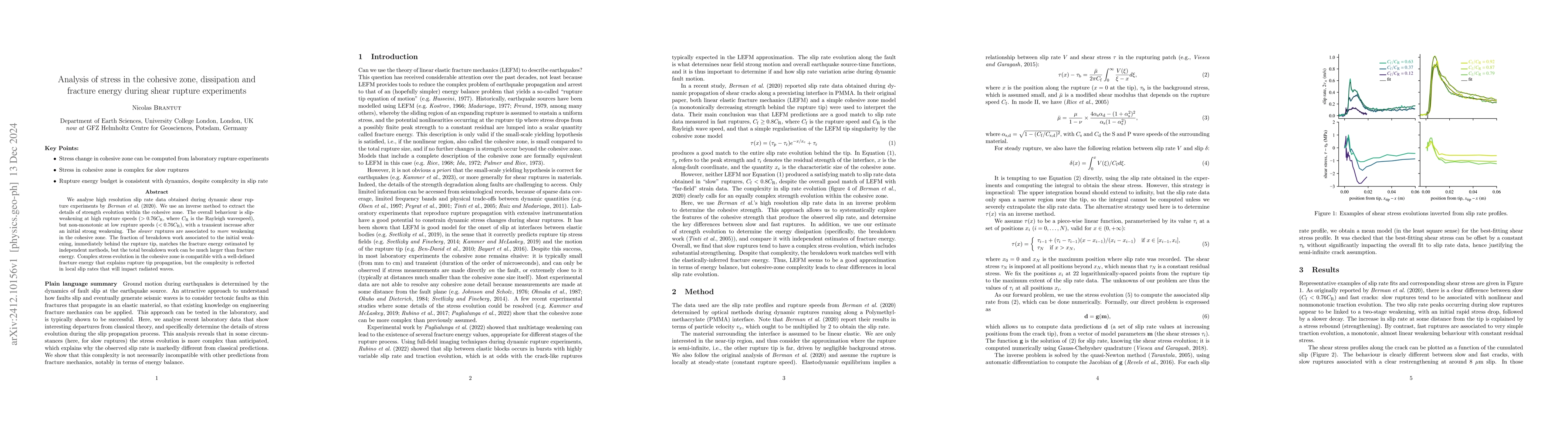 Thumbnail for Analysis of stress in the cohesive zone, dissipation and fracture energy
  during shear rupture experiments