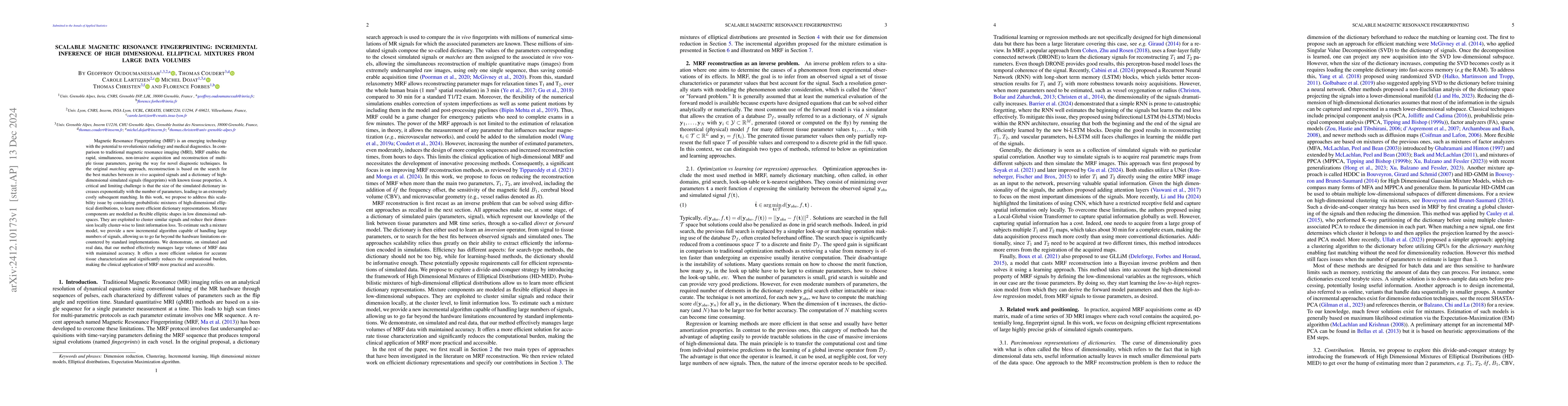 Thumbnail for Scalable magnetic resonance fingerprinting: Incremental inference of
  high dimensional elliptical mixtures from large data volumes