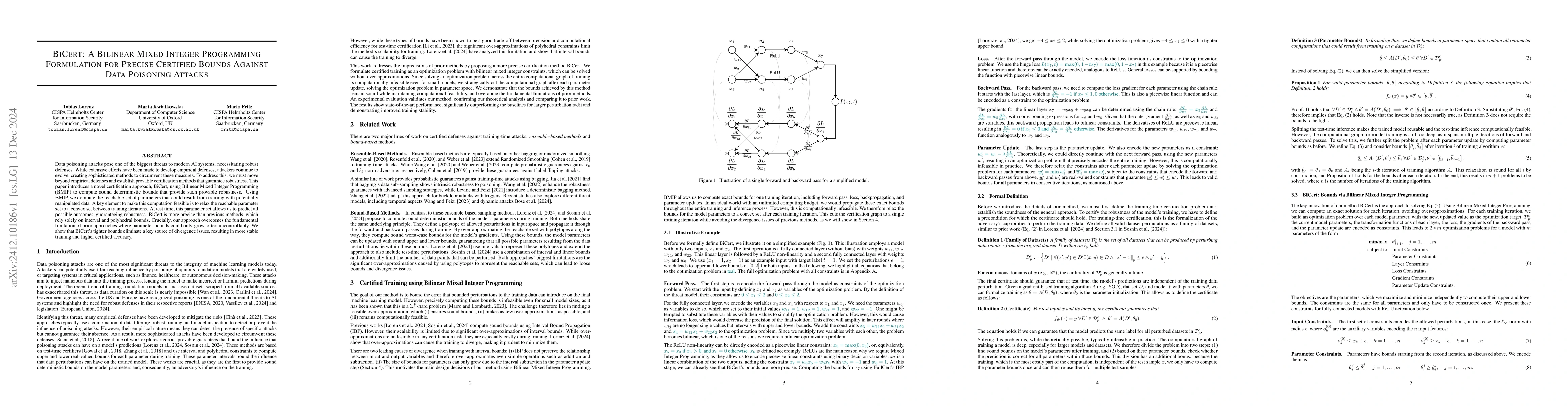 Thumbnail for BiCert: A Bilinear Mixed Integer Programming Formulation for Precise
  Certified Bounds Against Data Poisoning Attacks