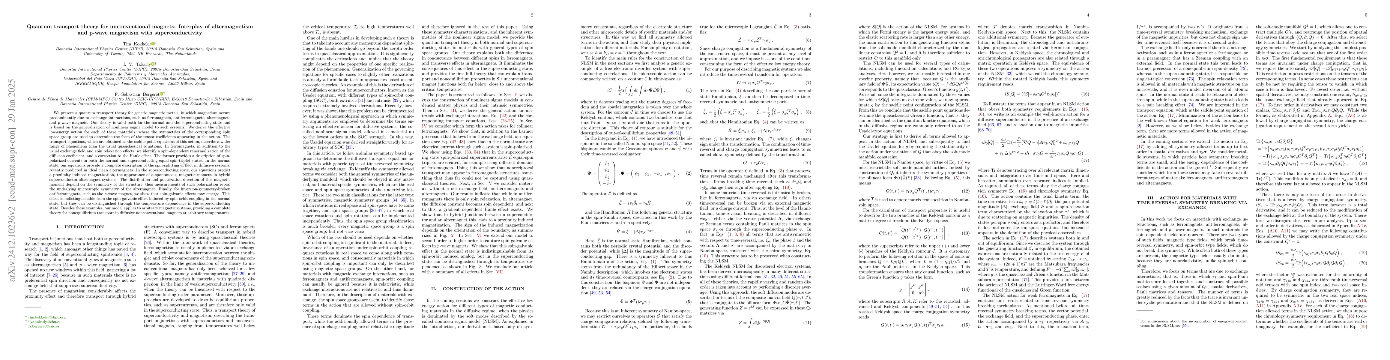 Thumbnail for Quantum transport theory for unconventional magnets; interplay of
  altermagnetism and p-wave magnetism with superconductivity