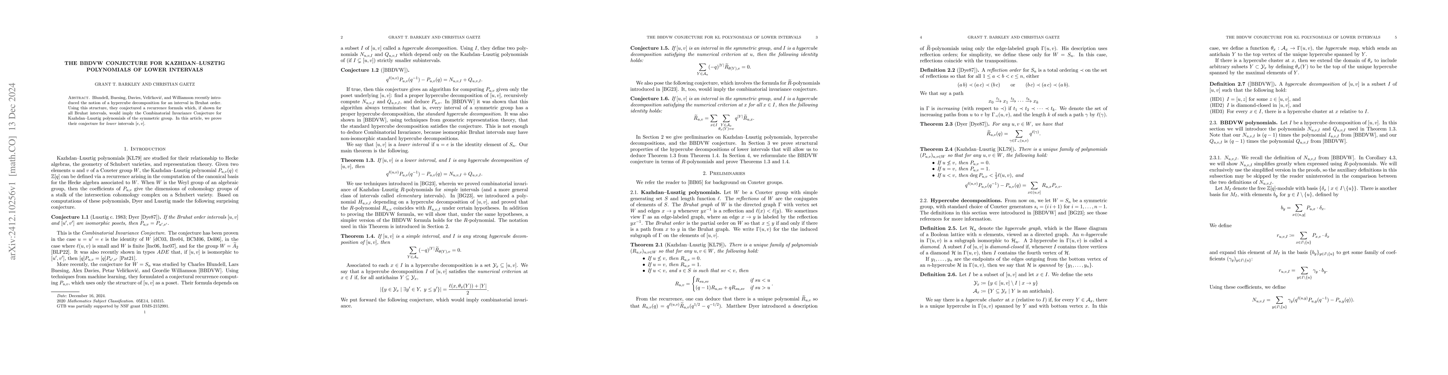 Thumbnail for The BBDVW Conjecture for Kazhdan-Lusztig polynomials of lower intervals
