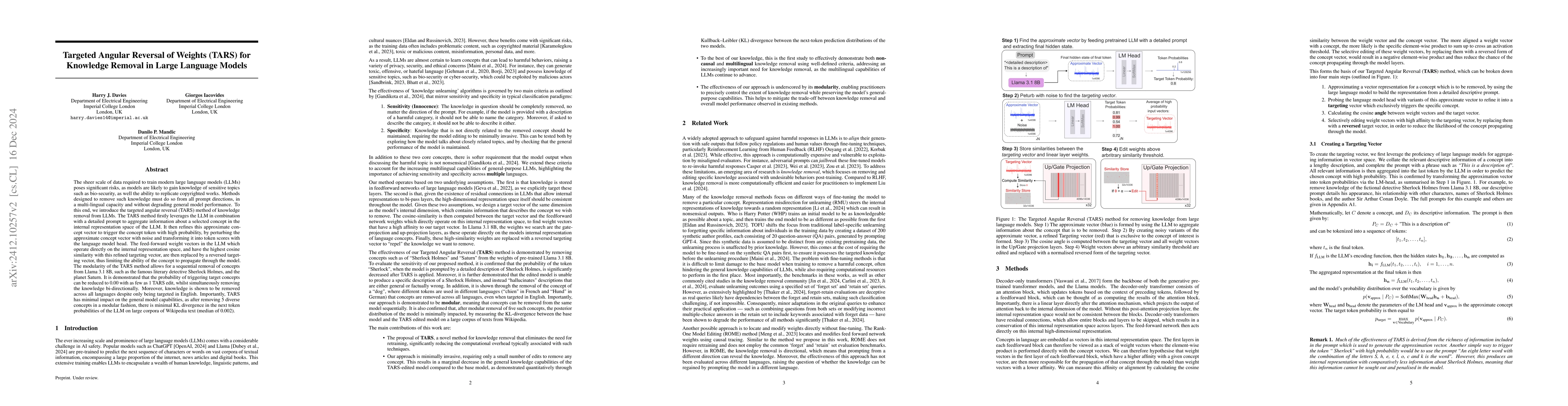 Thumbnail for Targeted Angular Reversal of Weights (TARS) for Knowledge Removal in
  Large Language Models