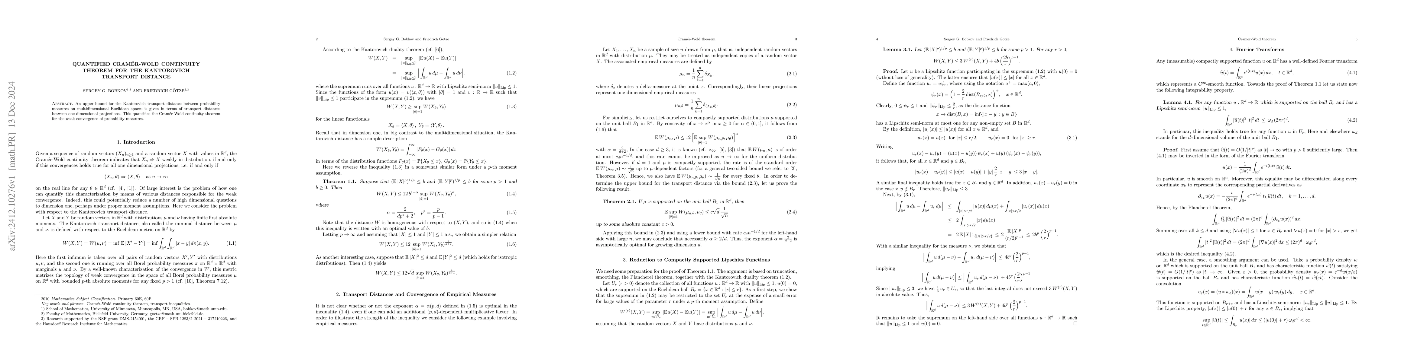 Thumbnail for Quantified Cramér-Wold Continuity Theorem for the Kantorovich
  Transport Distance