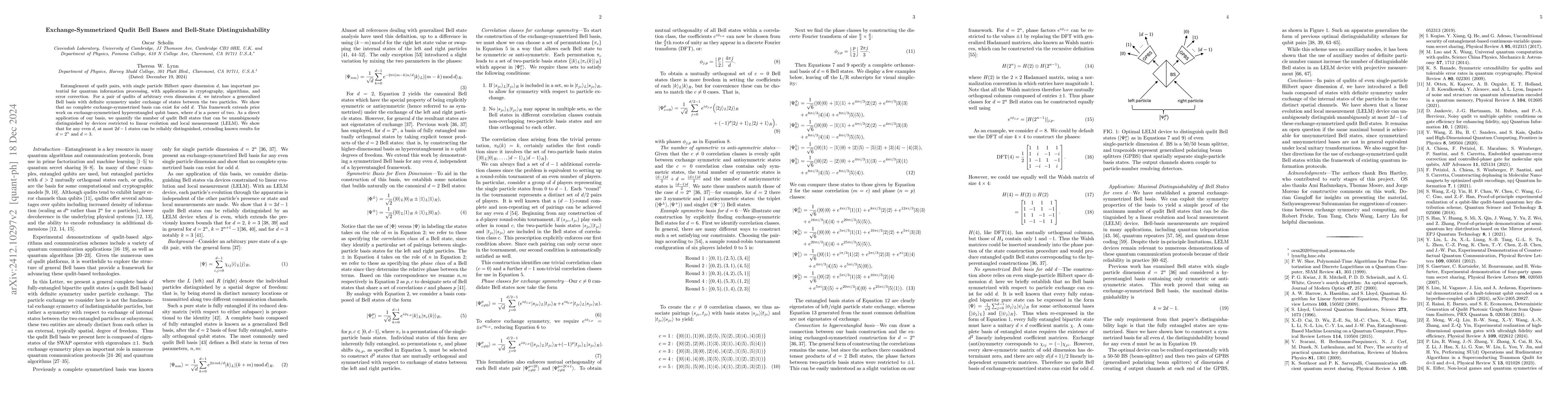 Thumbnail for Exchange-Symmetrized Qudit Bell Bases and Bell-State Distinguishability