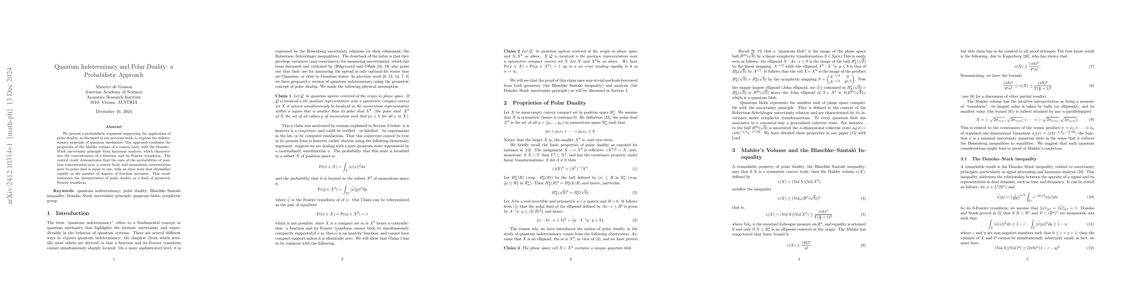 Thumbnail for Quantum Indeterminacy and Polar Duality: a Probabilistic Approach