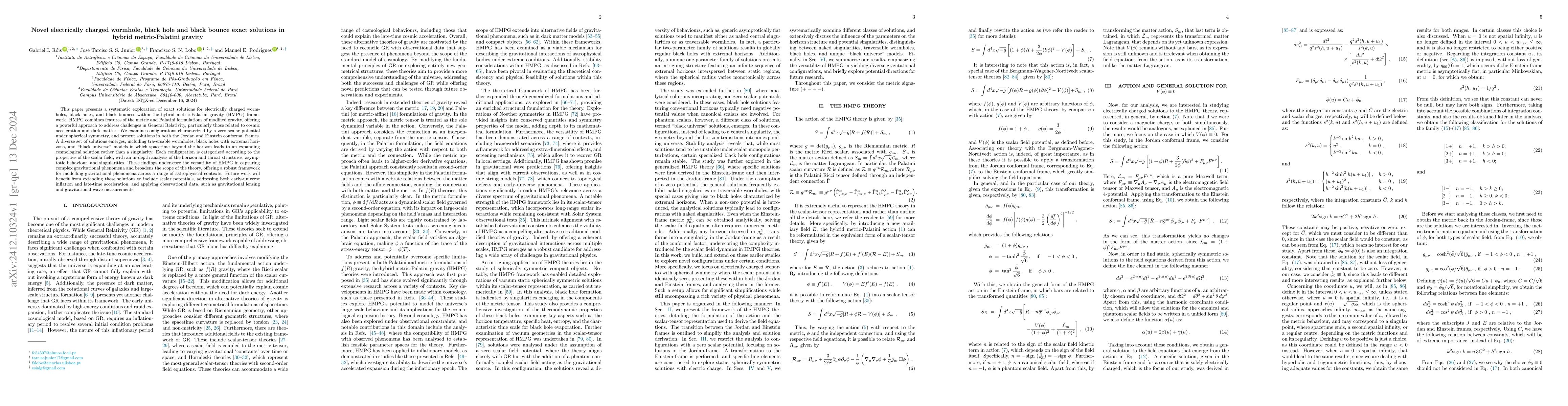 Thumbnail for Novel electrically charged wormhole, black hole and black bounce exact
  solutions in hybrid metric-Palatini gravity