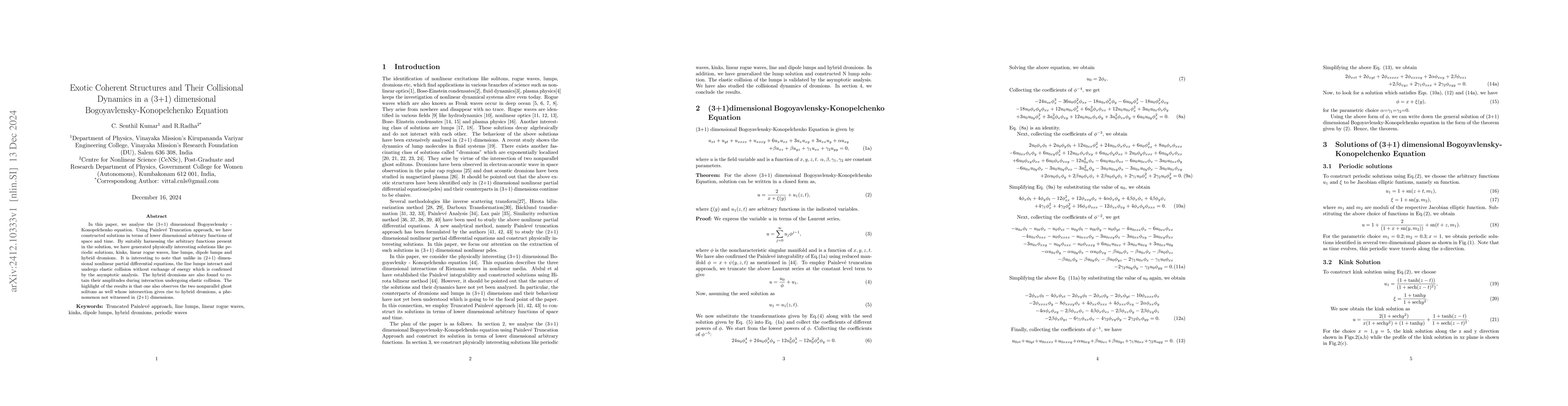 Thumbnail for Exotic Coherent Structures and Their Collisional Dynamics in a (3+1)
  dimensional Bogoyavlensky-Konopelchenko Equation