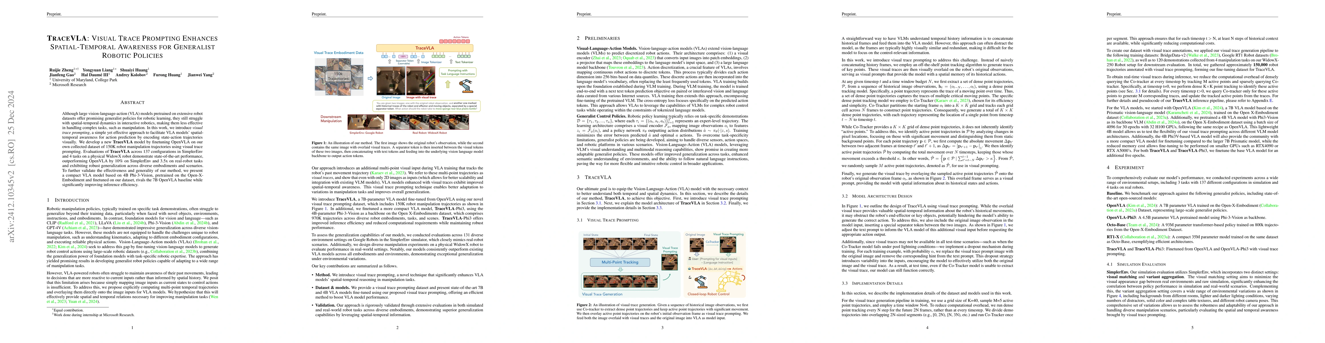 Thumbnail for TraceVLA: Visual Trace Prompting Enhances Spatial-Temporal Awareness for
  Generalist Robotic Policies