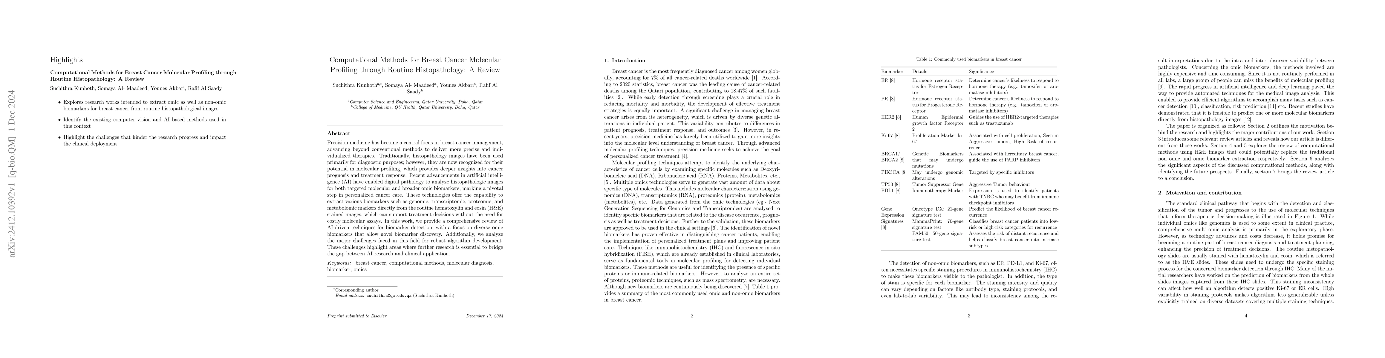 Thumbnail for Computational Methods for Breast Cancer Molecular Profiling through
  Routine Histopathology: A Review