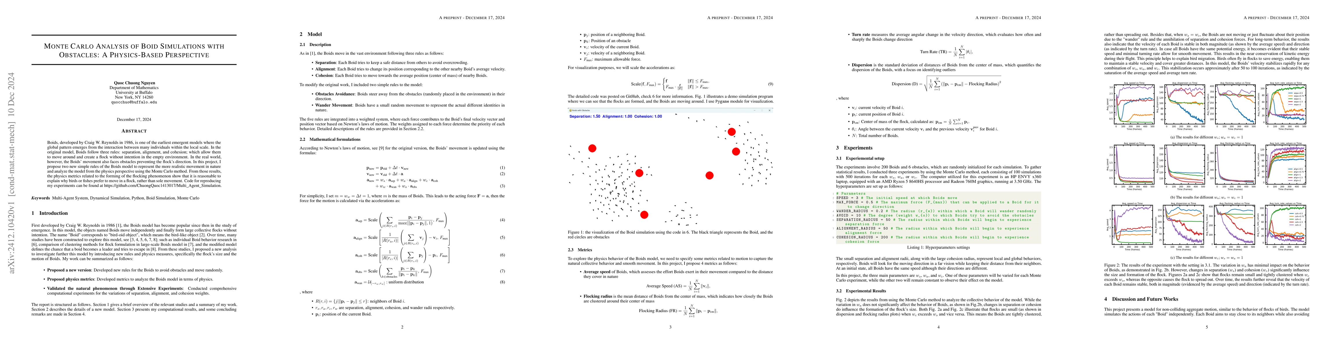 Thumbnail for Monte Carlo Analysis of Boid Simulations with Obstacles: A Physics-Based
  Perspective