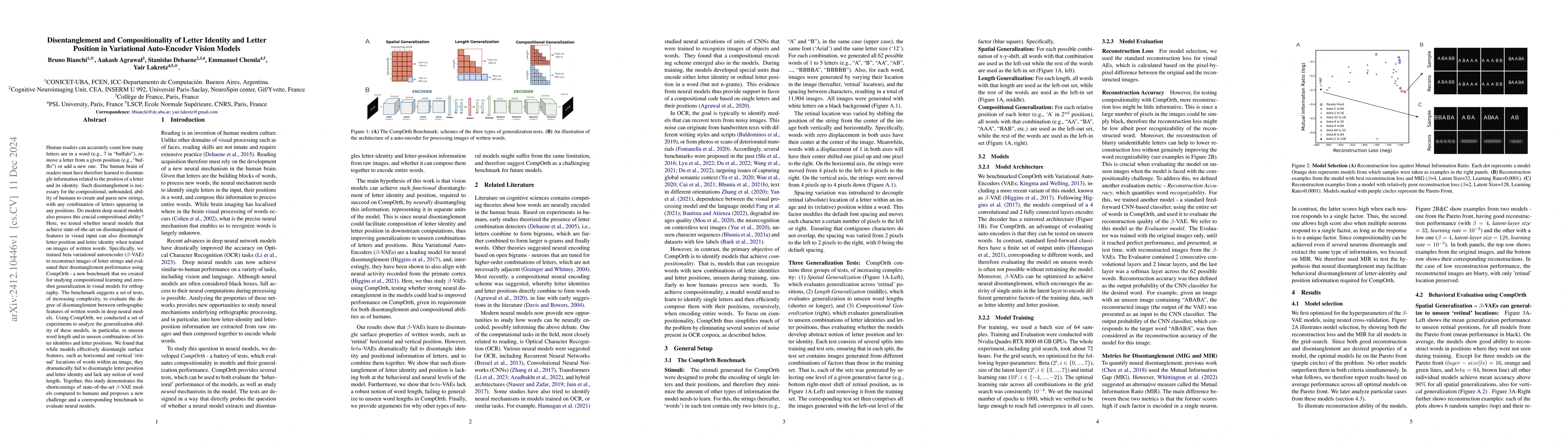 Thumbnail for Disentanglement and Compositionality of Letter Identity and Letter
  Position in Variational Auto-Encoder Vision Models