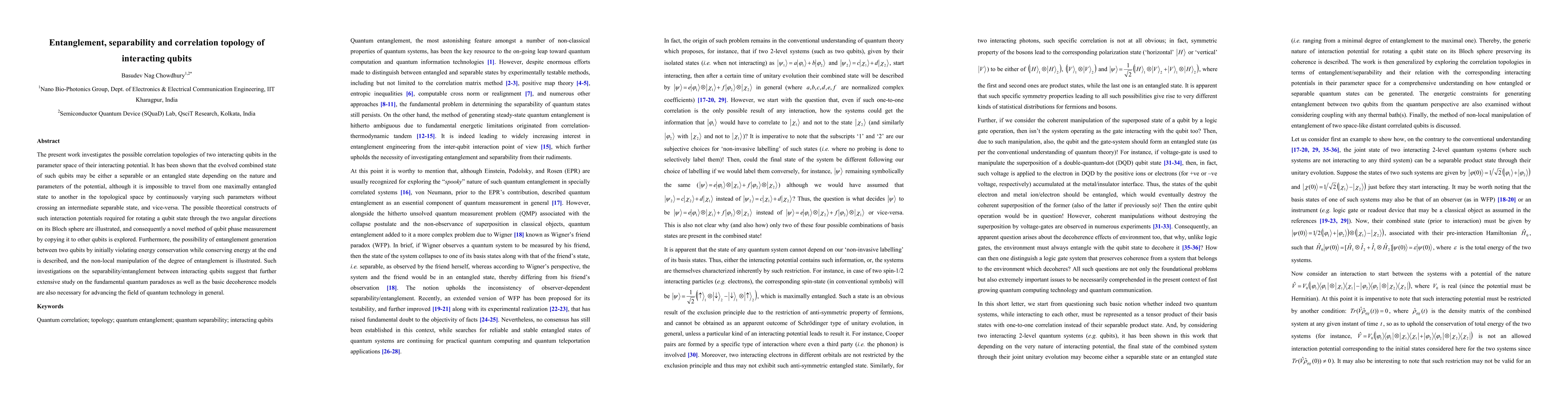 Thumbnail for Entanglement, separability and correlation topology of interacting
  qubits