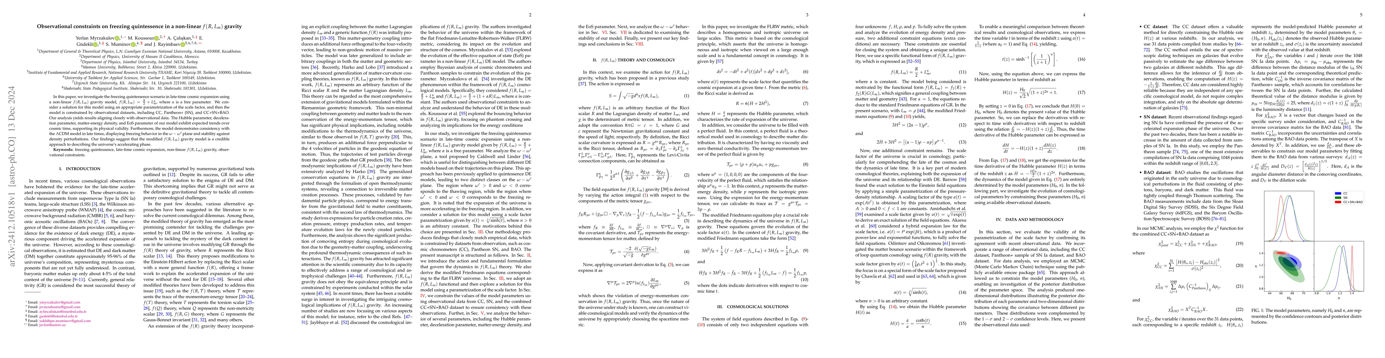Thumbnail for Observational constraints on freezing quintessence in a non-linear $f(R,
  L_m)$ gravity