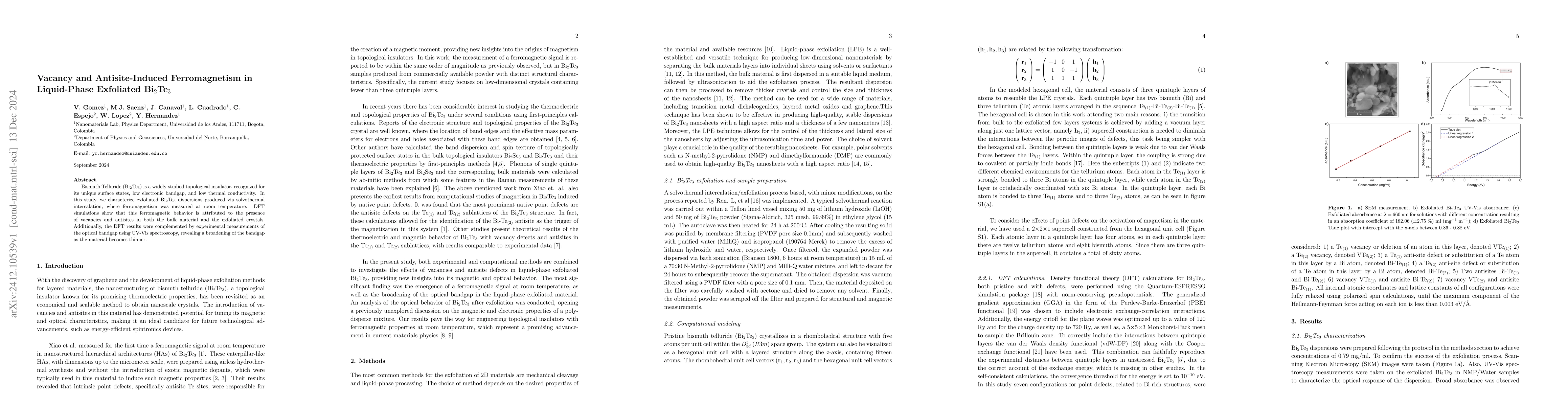 Thumbnail for Vacancy and Antisite-Induced Ferromagnetism in Liquid-Phase Exfoliated
  Bi$_2$Te$_3$