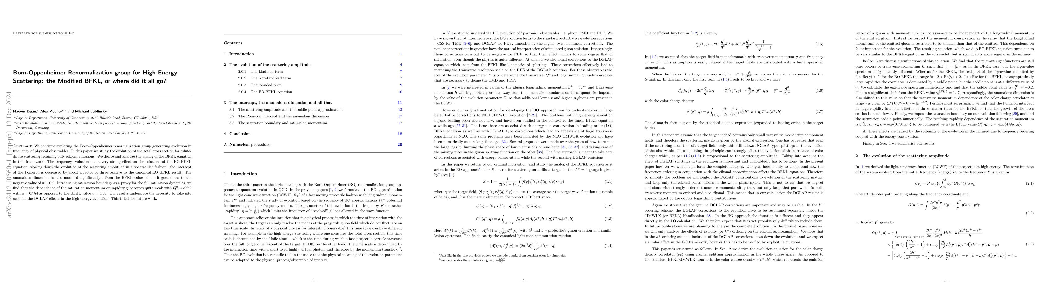 Thumbnail for Born-Oppenheimer Renormalization group for High Energy Scattering: the
  Modified BFKL, or where did it all go?