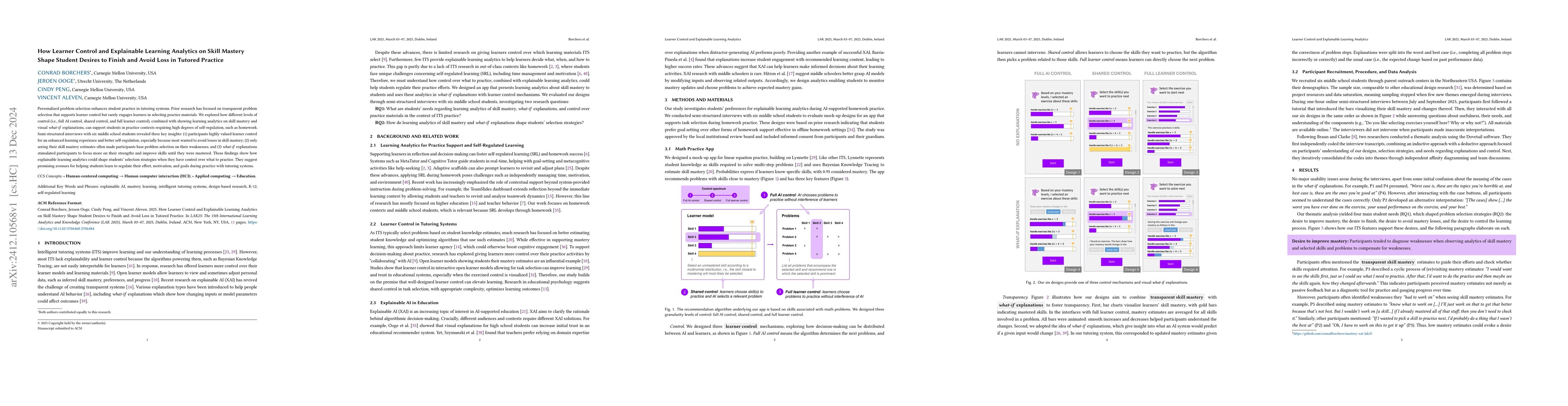 Thumbnail for How Learner Control and Explainable Learning Analytics on Skill Mastery
  Shape Student Desires to Finish and Avoid Loss in Tutored Practice