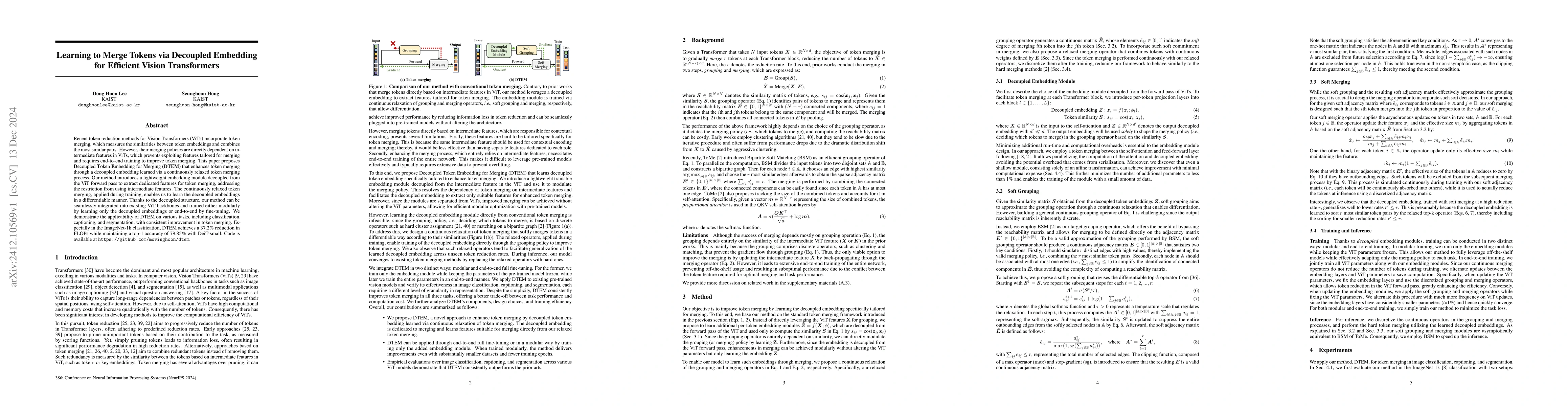 Thumbnail for Learning to Merge Tokens via Decoupled Embedding for Efficient Vision
  Transformers