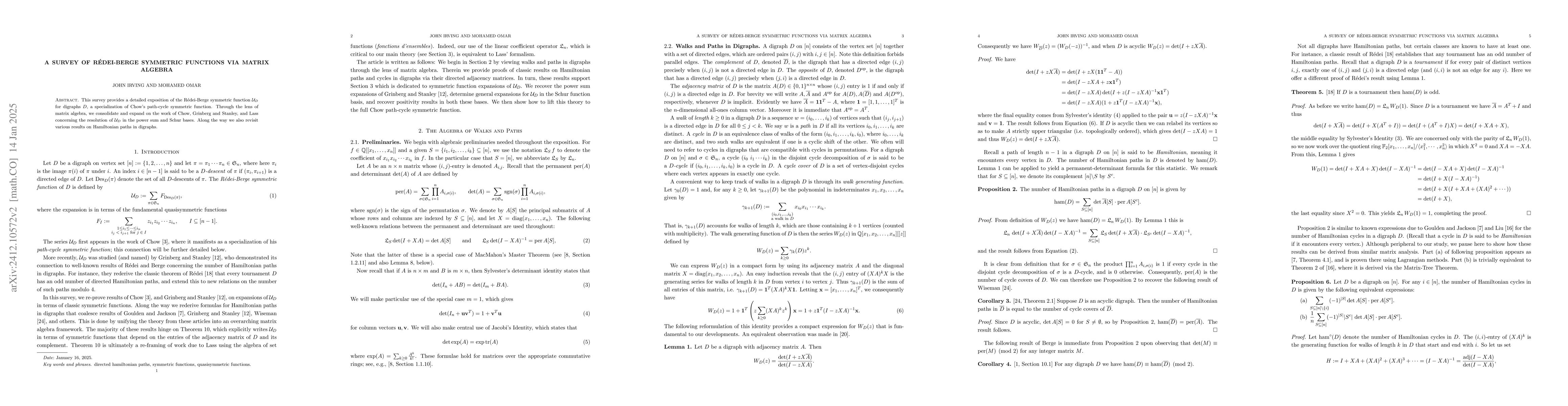 Thumbnail for A Survey of Rédei-Berge Symmetric Functions via Matrix Algebra