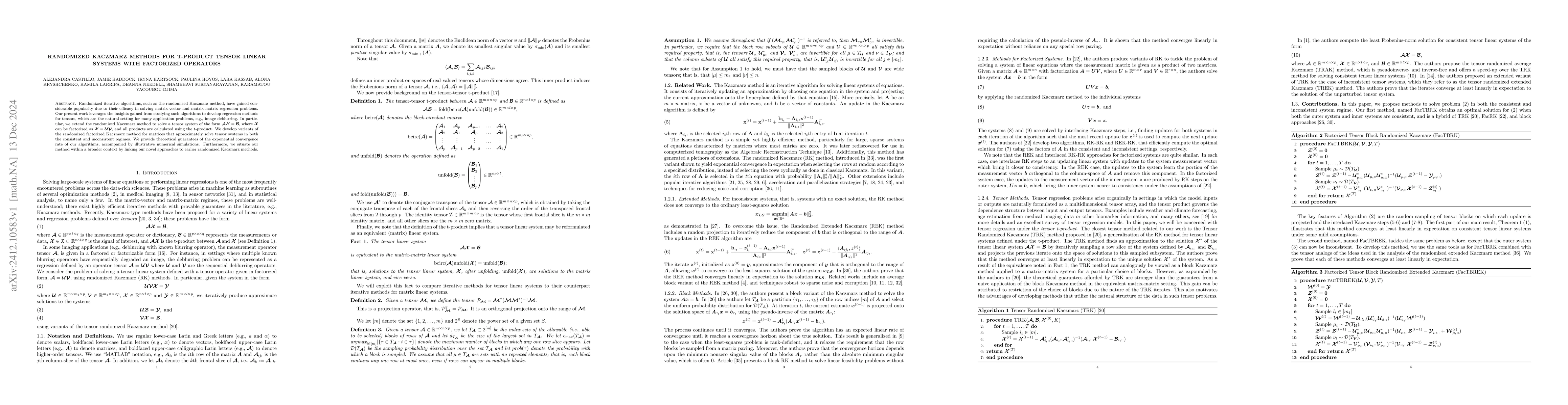 Thumbnail for Randomized Kaczmarz methods for t-product tensor linear systems with
  factorized operators