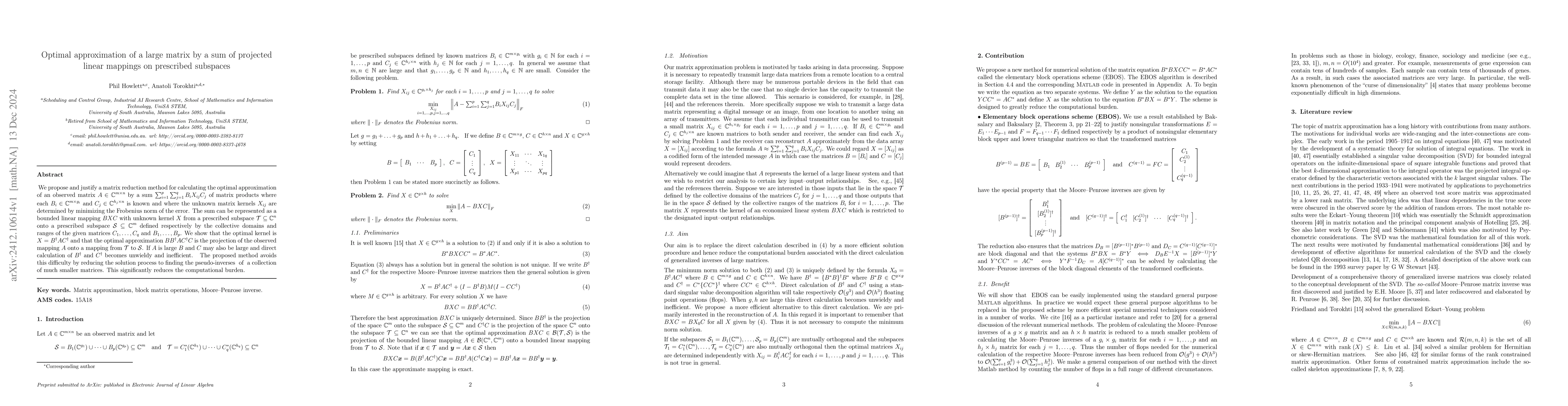 Thumbnail for Optimal approximation of a large matrix by a sum of projected linear
  mappings on prescribed subspaces