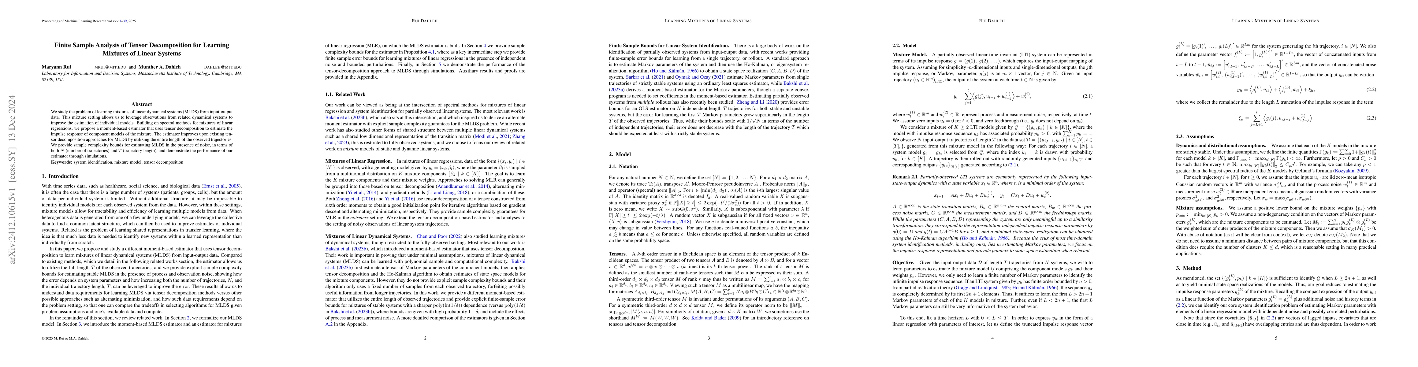 Thumbnail for Finite Sample Analysis of Tensor Decomposition for Learning Mixtures of
  Linear Systems