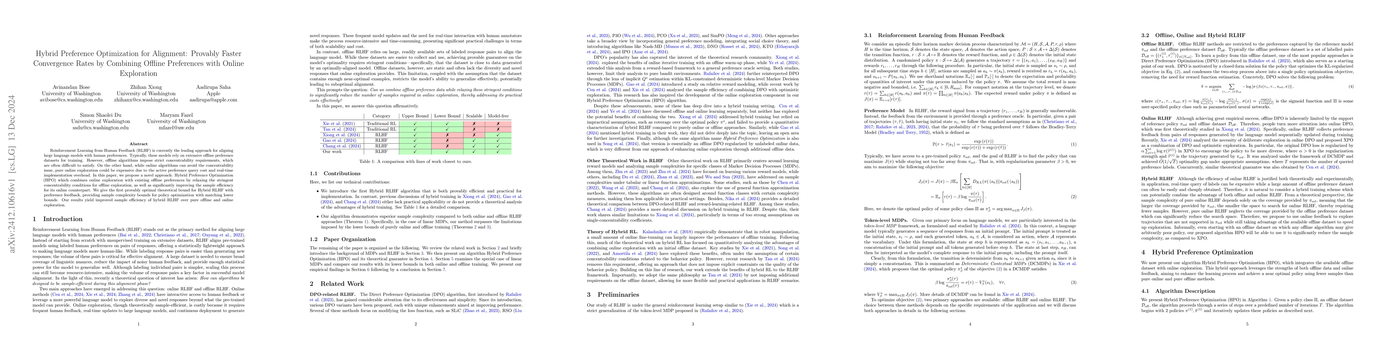 Thumbnail for Hybrid Preference Optimization for Alignment: Provably Faster
  Convergence Rates by Combining Offline Preferences with Online Exploration